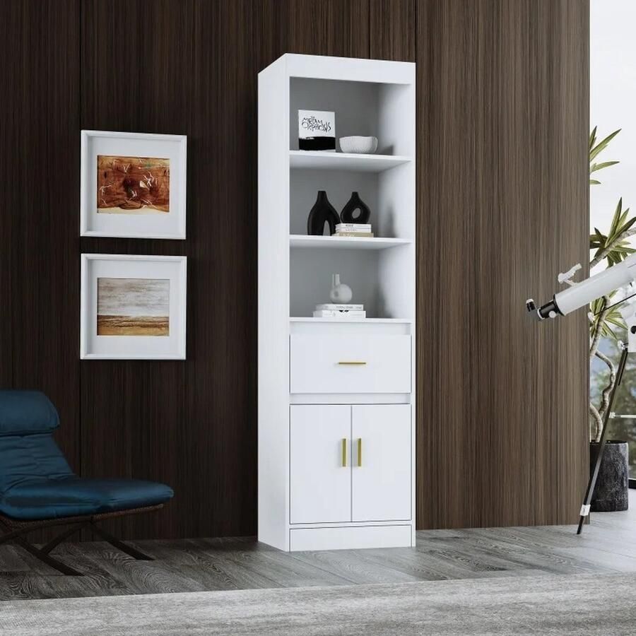 DHN Witte Vitrinekast Woonkamer kast Met 1 Lade En 2 Deuren Hoge Kast Decoratiekast Stand Kast Wit