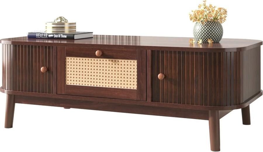 DHN Salontafel DHN Houten Salontafel Massief Houten Rotan Salontafel Met Lades En Schuifdeuren Landelijke Stijl