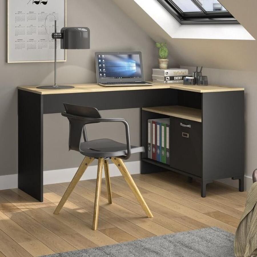 Diagone EMOB Hoekbureau Manchester 136 x 88 x 73 cm Helvezia Oak-design Gautier Hoekbureaus Antraciet MDF Hoekbureaus Op voorraad