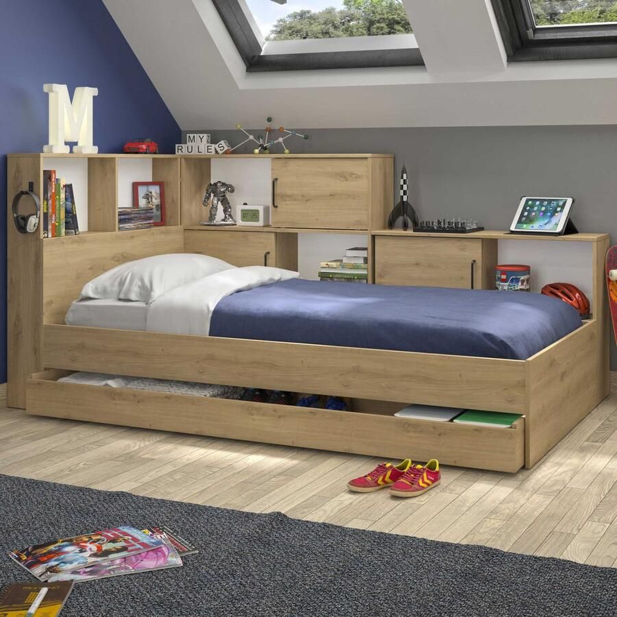 Diagone Artisan Eiken Tienerbed Erwan 90 X 200 Cm Met Opbergruimte Gautier Eenpersoons Bedkader Wit; Bruin Melamine; MDF Eenpersoons Normaal Bed