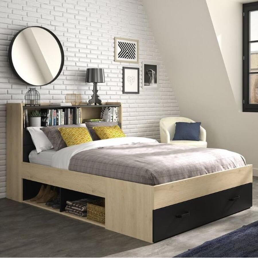 Diagone EMOB Twijfelaar met opbergladen Sabia 140 x 190 Châtaignier-design Gautier Bedden met lades Bruin; Antraciet MDF Bedden met lades Tweepersoons Normaal bed Op voorraad
