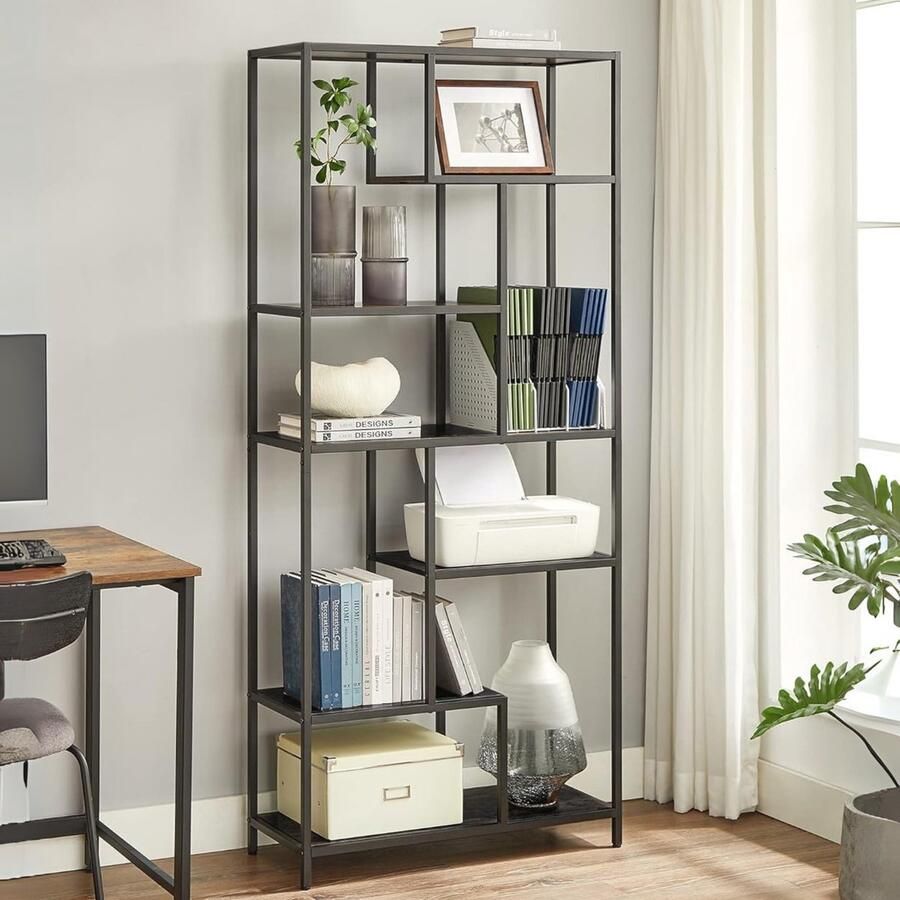 DiBasso Open Kast met 6 planken Boekenkast Boekenrek Opbergkast Kledingkast Geschikt voor slaapkamer kinderkamer woonkamer kantoor 80 x 30 x 180 cm (B x D x H) Zwart