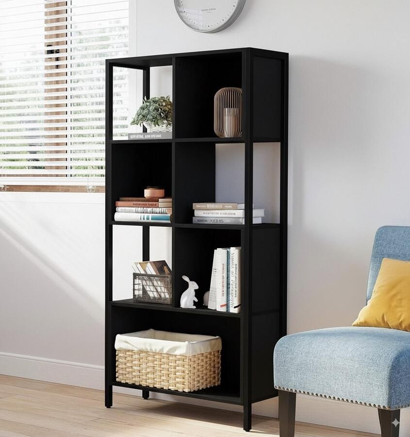 DiBasso Vakkenkast met 7 vakken Open kast Opbergkast Kledingkast Boekenkast Geschikt voor slaapkamer kinderkamer woonkamer kantoor 74 x 30 x 155 cm (B x D x H) Zwart