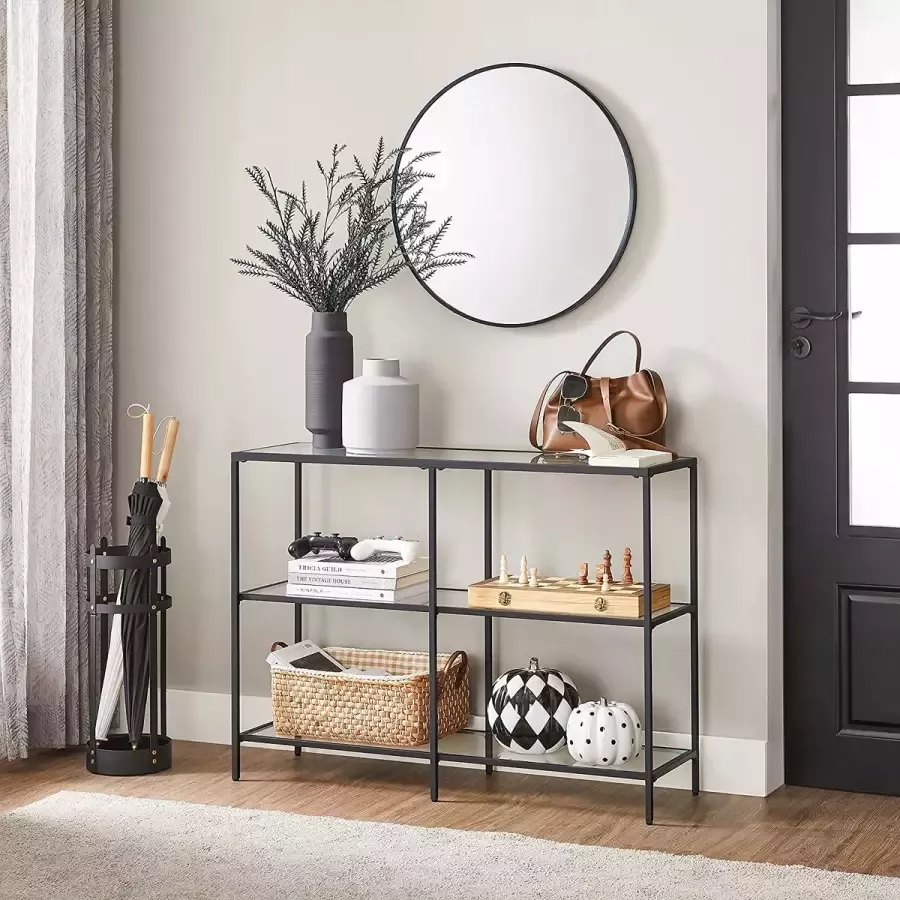 DiBasso Wandtafel Haltafel 3-lagen Sidetable Dressoir 100 x 30 x 73 cm Opbergrek Consoletafel Gehard Glas Metalen Frame met Verstelbare Poten Woonkamer Hal Slaapkamer Zwart