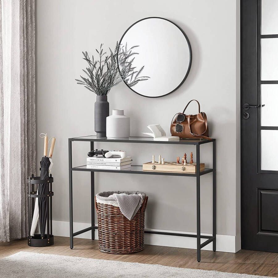 DiBasso Wandtafel Haltafel Sidetable Dressoir 100 x 35 x 80 cm Opbergrek Gehard Glas Metalen Frame met Verstelbare Poten Woonkamer Hal Goud