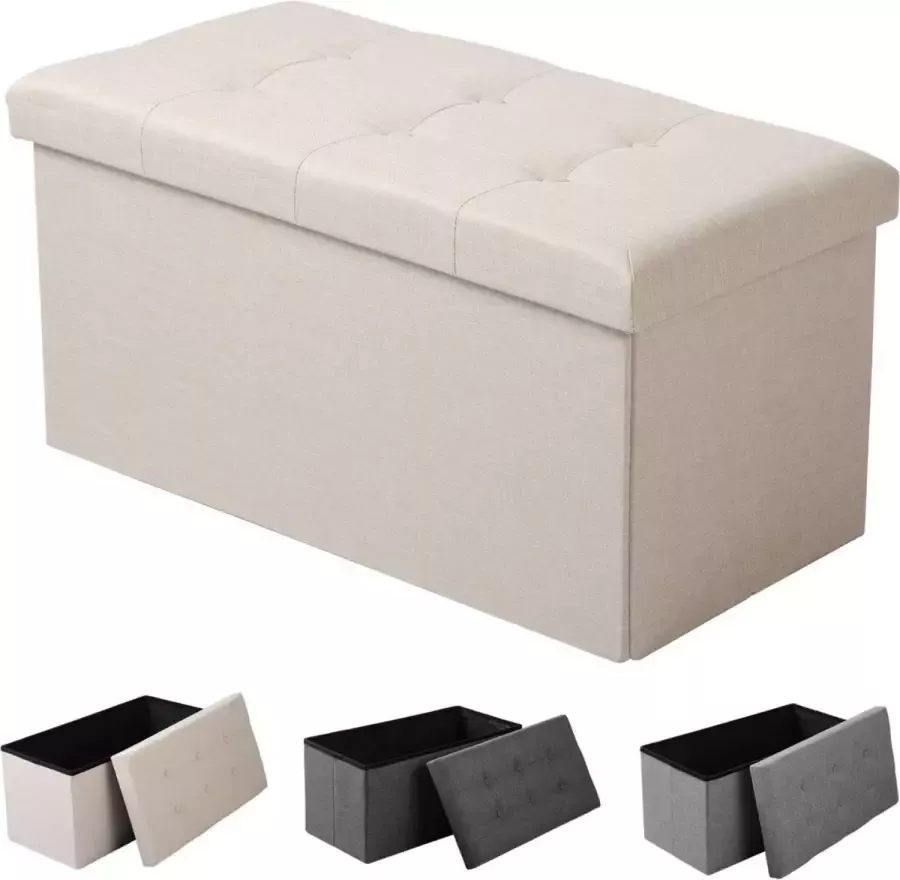 Diferza™ Kruk Met Opberger Ruimte Gestoffeerd Zit Van Linnen 76x37.5x38 Cm Creme Wit