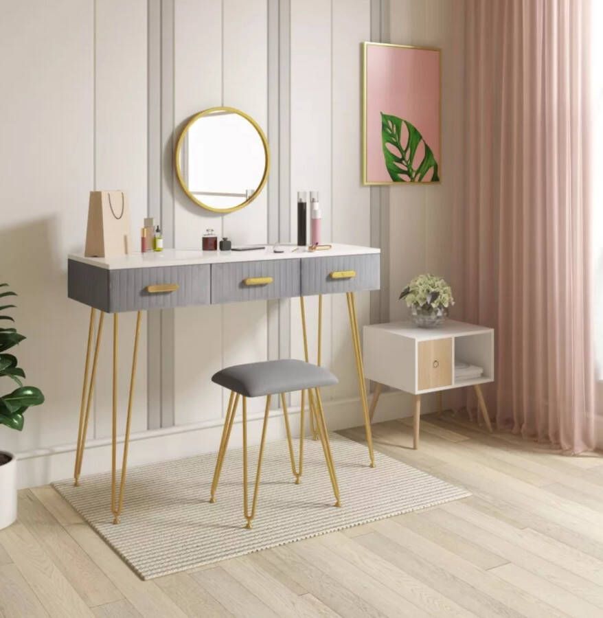 Diferza™ Luxe Kaptafel met Spiegel en Krukje Wit Grijs 3 Lades 100 x 40 x 77 cm Make Up Tafel