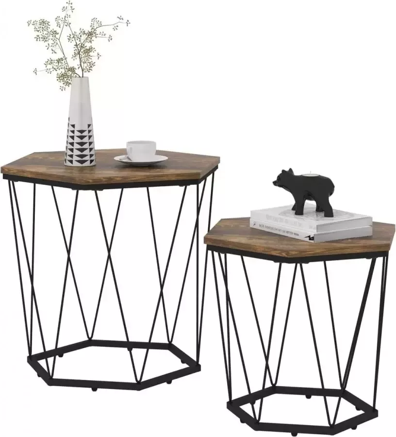 Diferza™ Salontafel Set Van 2 Bijzettafel Met Opbergruimte Zeshoekig Van Hout Materiaal Metaal Zwart Vintage