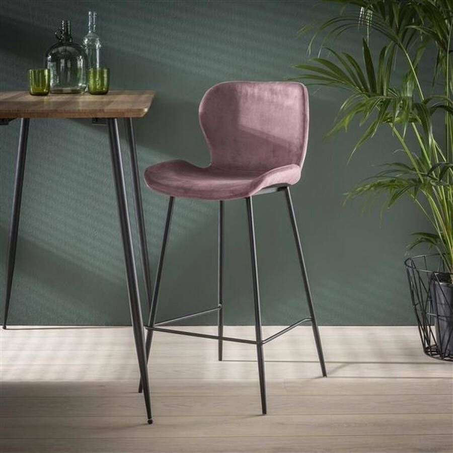 Dimehouse Barkrukken Set van 4 Roze velours Roze velours Industrieel Geschikt voor Keuken(blad) hoogte Zithoogte 67 cm Barstoelen met rugleuning Niet in hoogte verstelbaar Shawn serie
