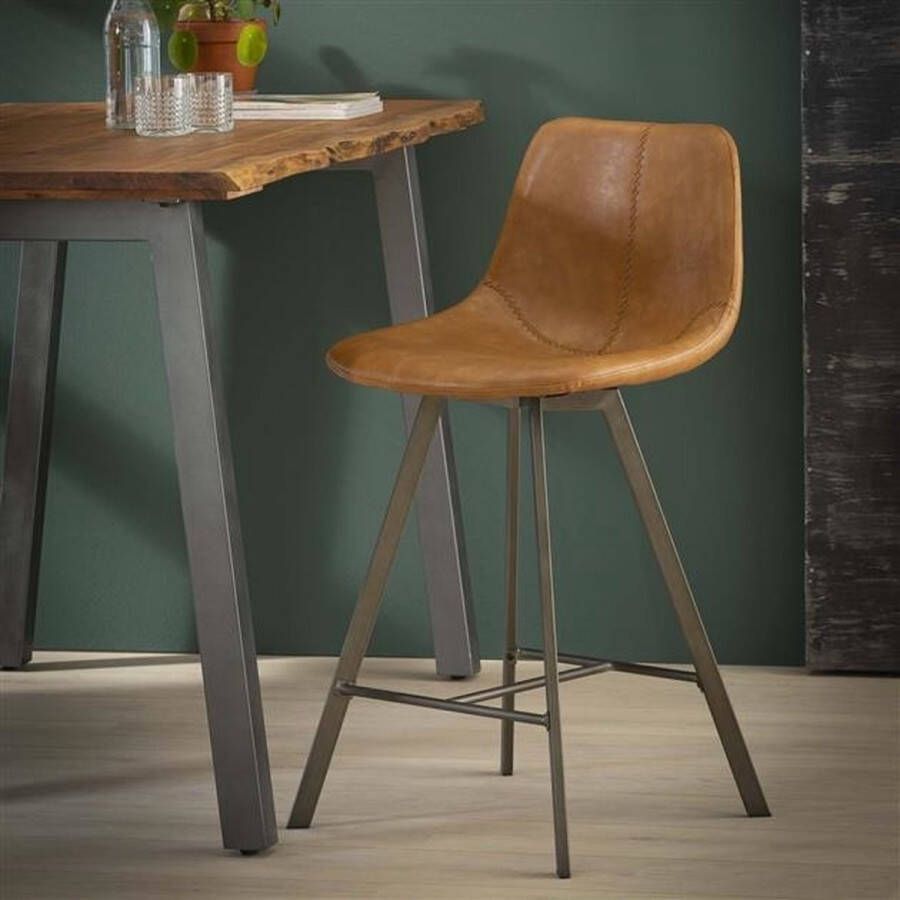 Dimehouse Barkrukken Set van 4 Saddle PU cowhide bruin Saddle PU cowhide bruin Industrieel Geschikt voor Keuken(blad) hoogte Zithoogte 66 cm Barstoelen met rugleuning Niet in hoogte verstelbaar Benjie serie