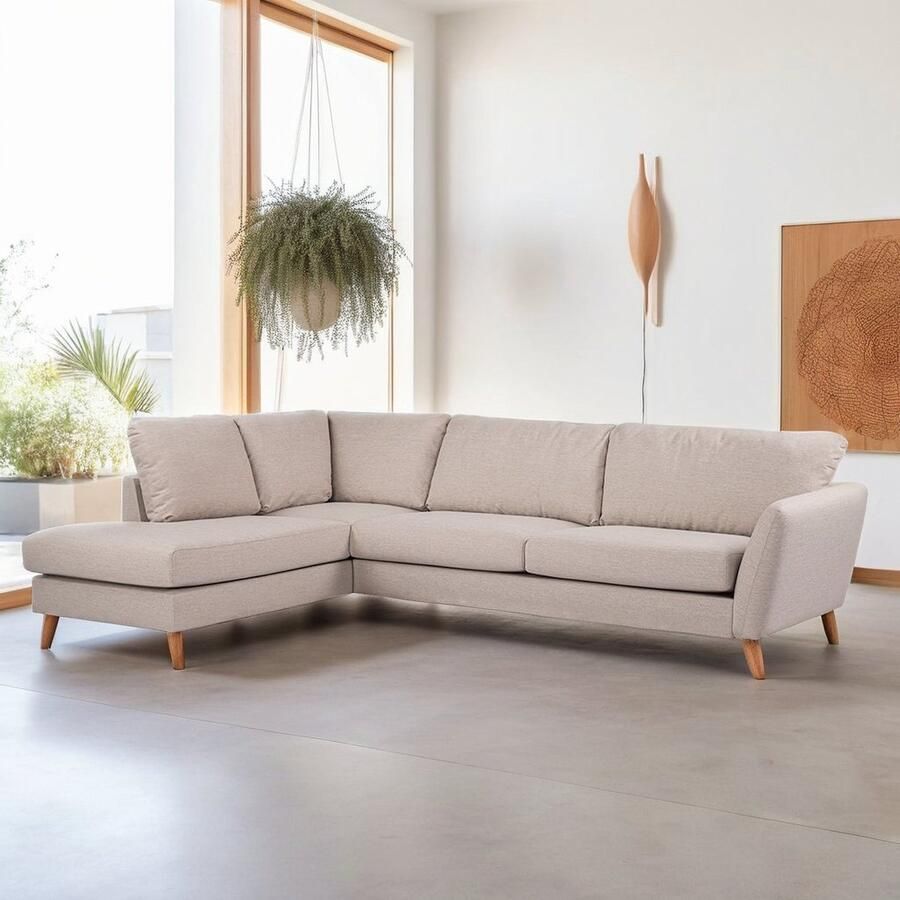 Dimehouse 3-zits hoekbank Asher beige Eiken Hoekbank links Stof Scandinavisch & Basic 278 x 196 x 89 cm