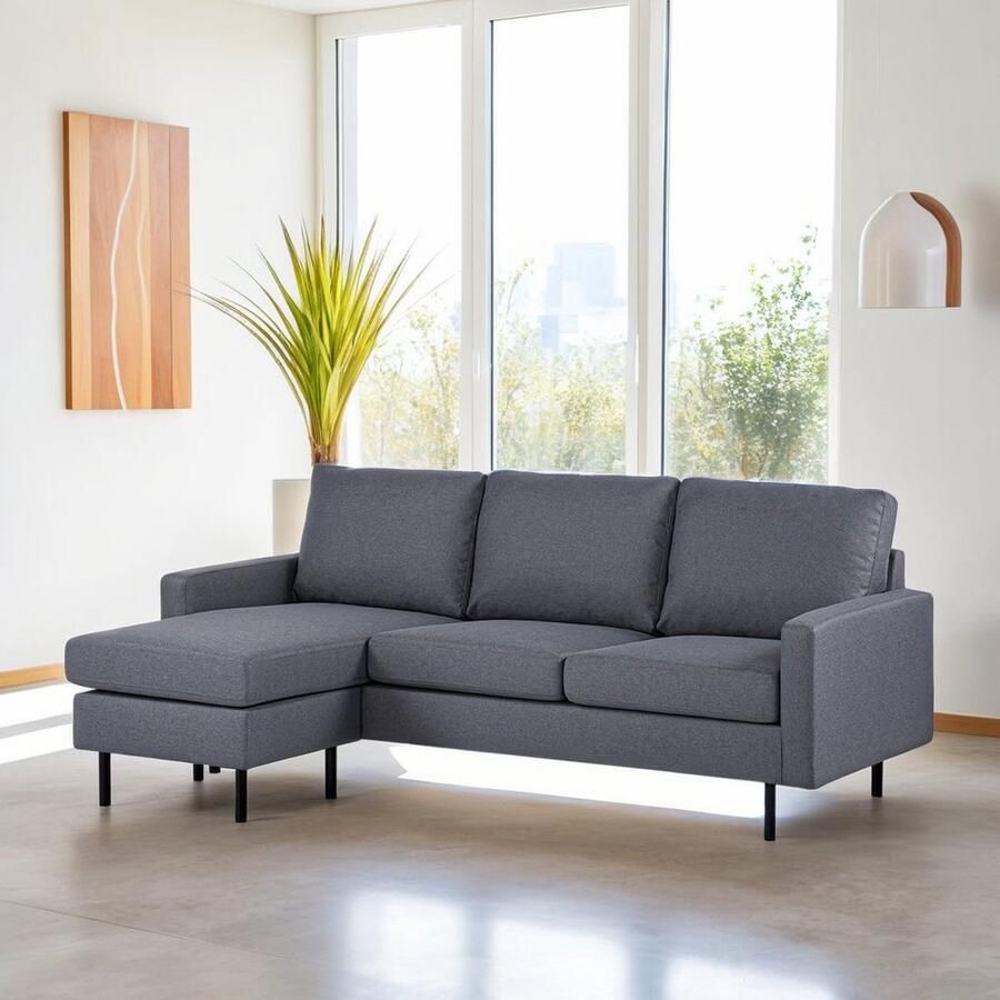 Dimehouse 3-zits hoekbank chaise longue Riven donkergrijs Stof Scandinavisch & Basic 198 x 132 x 80 cm