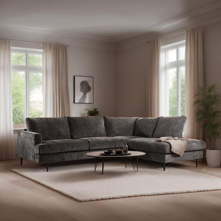 Dimehouse 3-zits hoekbank Nevada stof antraciet rechts Chenille Industrieel 262 x 206 x 84 cm