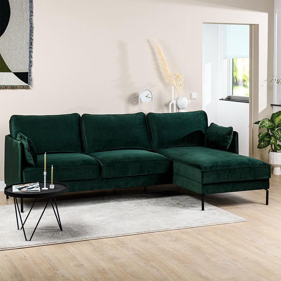 Dimehouse 3-zits hoekbank Peppin velvet groen rechts Velvet Scandinavisch & Basic 255 x 157 x 85 cm