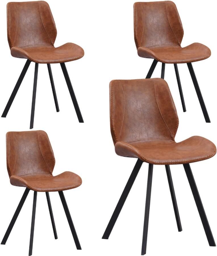 Dimehouse Set van 4 Eetkamerstoelen Industrieel Cognac Kunstleer Barry Zonder Armleuningen Kunstleer Industrieel - Foto 3