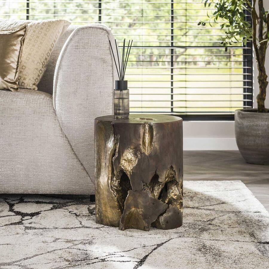 LifestyleFurn Bijzettafel Jeronimo Teakhout 35cm Donkergrijs Goud Rond