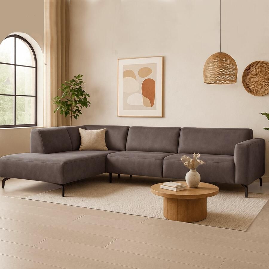 Dimehouse Lounge Hoekbank antraciet robuust eco-leer Barin links Stof Industrieel 275 x 210 x 77 cm