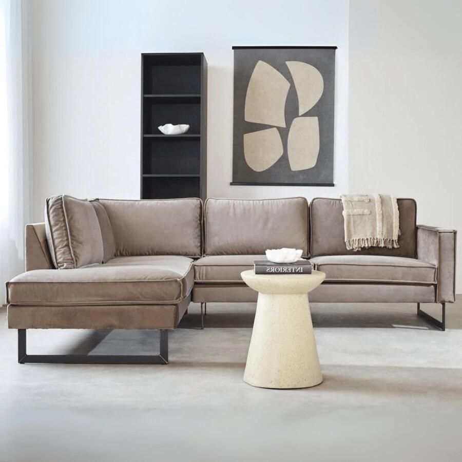 Dimehouse DeGeBe Hoekbank Quinn velvet champagne taupe losse kussens links Velvet Industrieel 247 x 195 x 84 cm