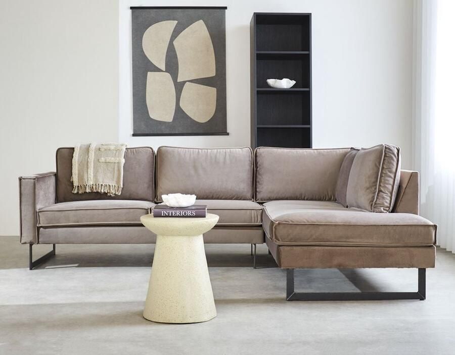 Dimehouse DeGeBe Hoekbank losse kussens champagne taupe velvet Quinn rechts Velvet Industrieel 247 x 195 x 84 cm