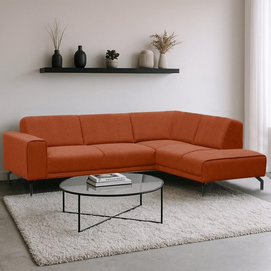 Dimehouse DeGeBe Hoekbank Maël bouclé stof in terracotta kleur rechts Stof Scandinavisch & Basic 275 x 81 x 210 cm