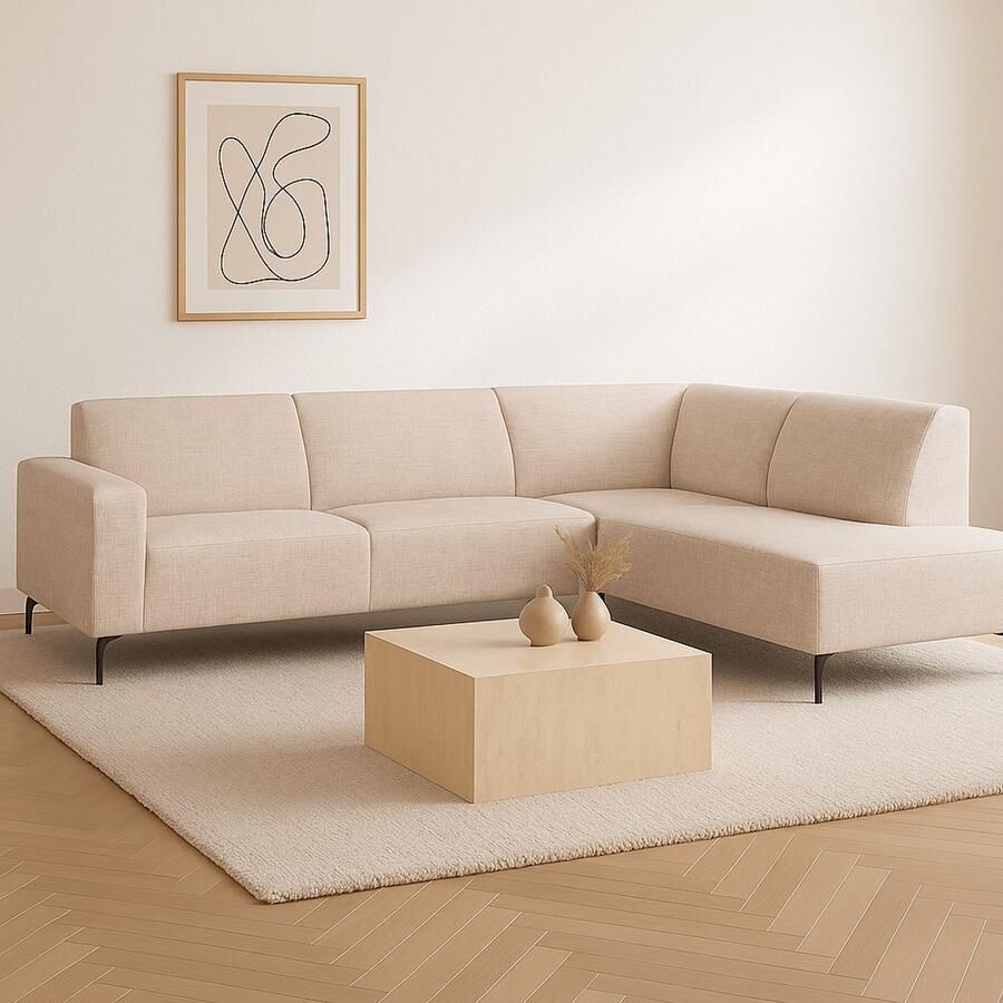 Dimehouse DeGeBe Hoekbank beige chenille stof met chaise longue rechts Manon Chenille Scandinavisch & Basic 274 x 210 x 84 cm