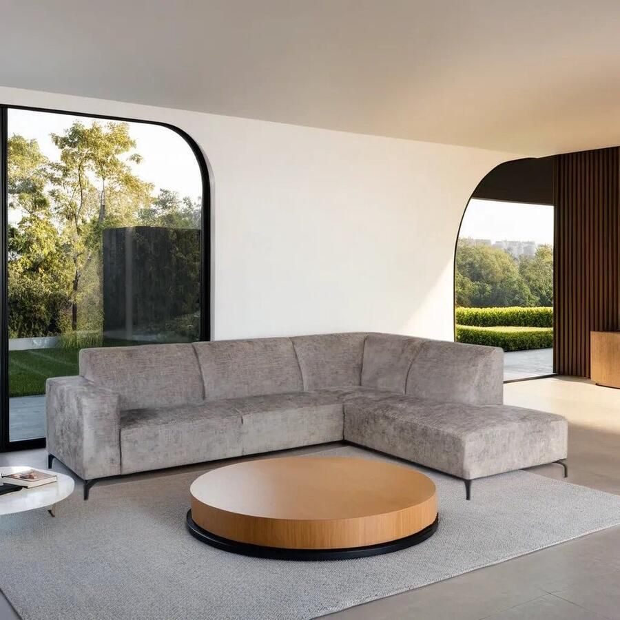 Dimehouse DeGeBe Hoekbank met chaise longue taupe chenille stof Manon rechts Chenille Scandinavisch & Basic 274 x 210 x 84 cm - Foto 3