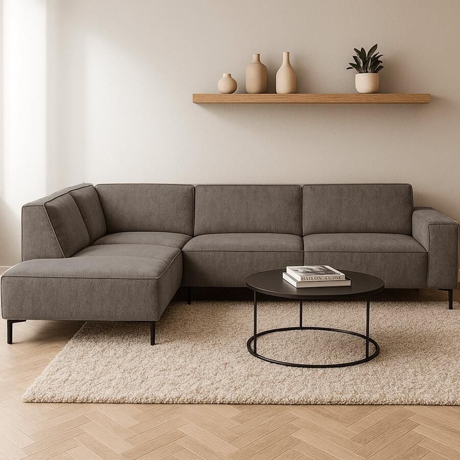 Dimehouse Lounge Hoekbank Ravi – Chenille Gemêleerd Taupe – Links Stof Scandinavisch & Basic 262 x 83 x 195 cm