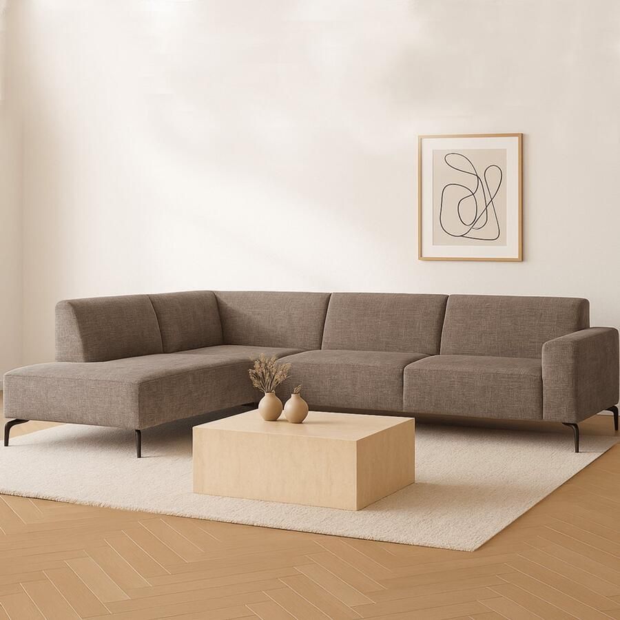 Dimehouse DeGeBe Hoekbank met chaise longue taupe chenille stof Manon links Chenille Scandinavisch & Basic 274 x 210 x 84 cm