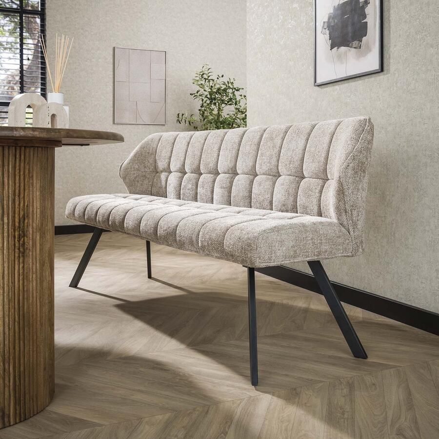 Dimehouse DH Interior Eetkamerbank Lino Chenille Stof Rich Zand 180 cm Geblokt Velvet Modern