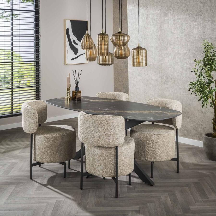 Dimehouse DH Interior Eettafel Dolore 180x90 cm Deens Ovaal Marmerlook Zwart Keramiek fossil black Modern Deens ovaal