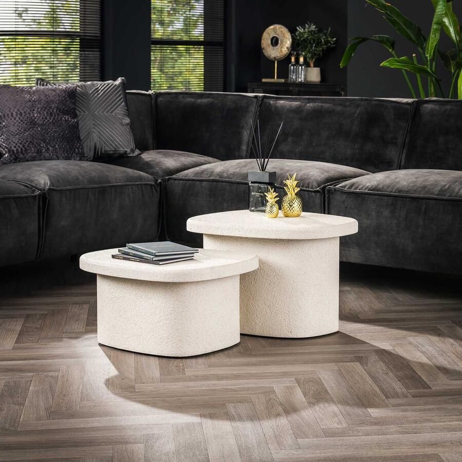 Dimehouse DH Interior Organische Marmer Composiet Salontafel Set van 2 Zaya 57 x 44 x 40 cm Marmer Japandi Organisch