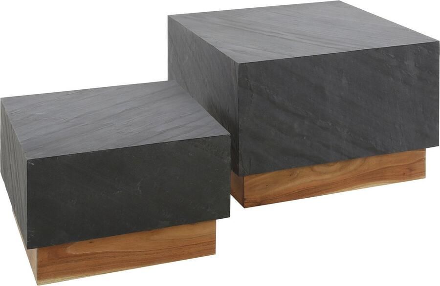 Dimehouse DH Interior Salontafel Set van 2 Vigo Vierkant Leisteen-Acaciahout 58 x 58 x 40 cm Steen Industrieel Vierkant