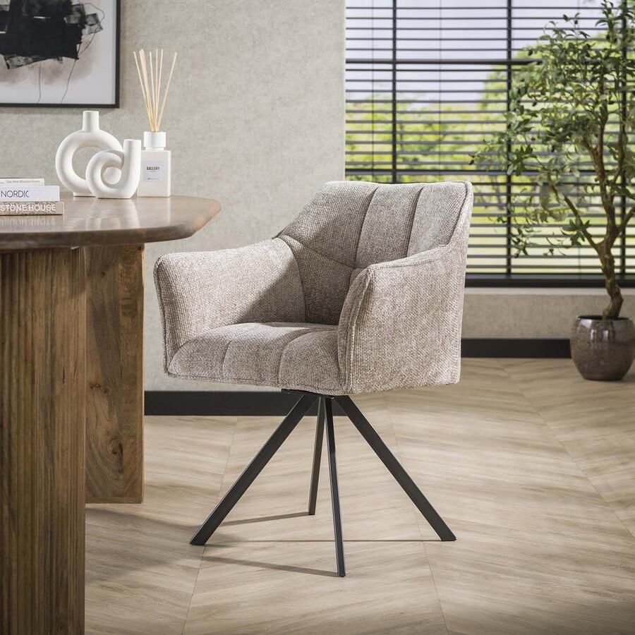 Dimehouse DH Interior Set van 2 Eetkamerstoelen Lino Chenille Stof Rich Zand Draaibaar Velvet Modern