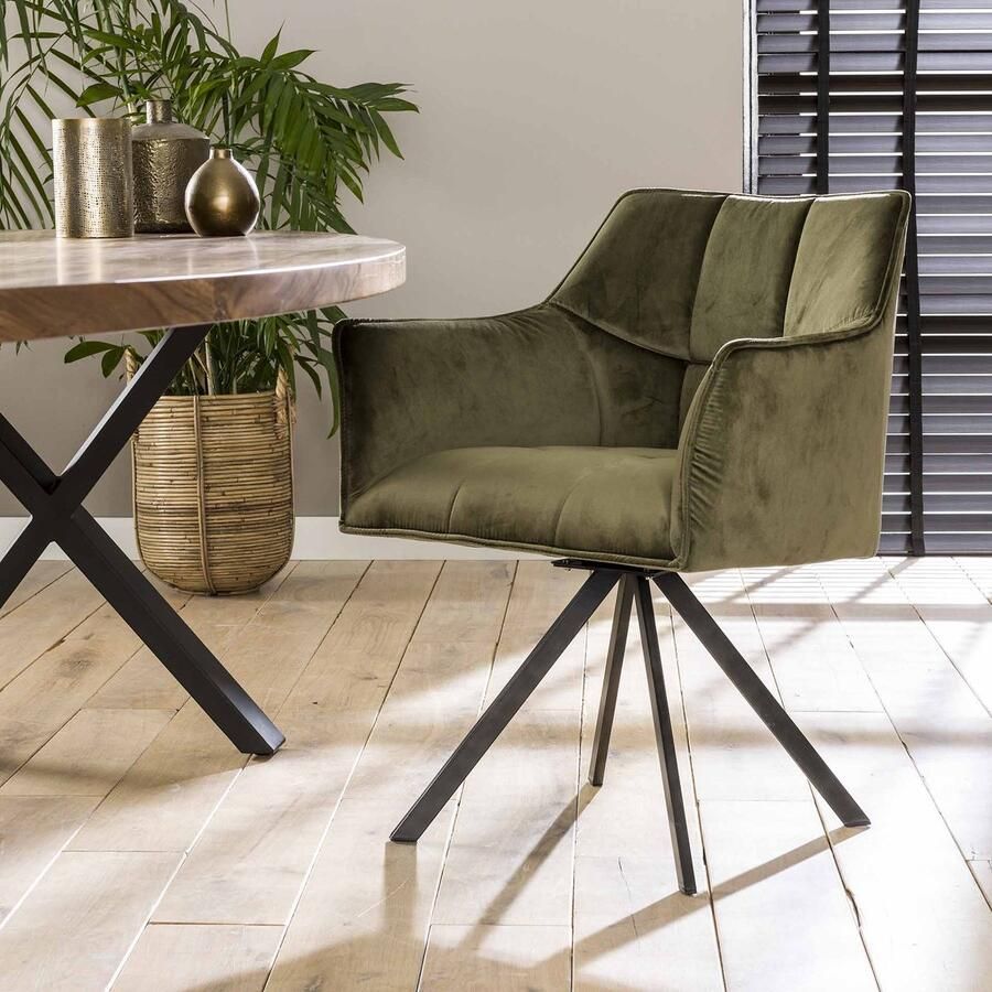 Dimehouse DH Interior Set van 2 Eetkamerstoelen Lino Velvet Groen Draaibaar Velours groen Industrieel