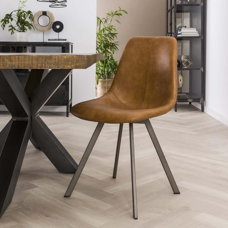 Dimehouse DH Interior Set van 4 Eetkamerstoelen Siena Saddle PU bruin Kunstleer Industrieel
