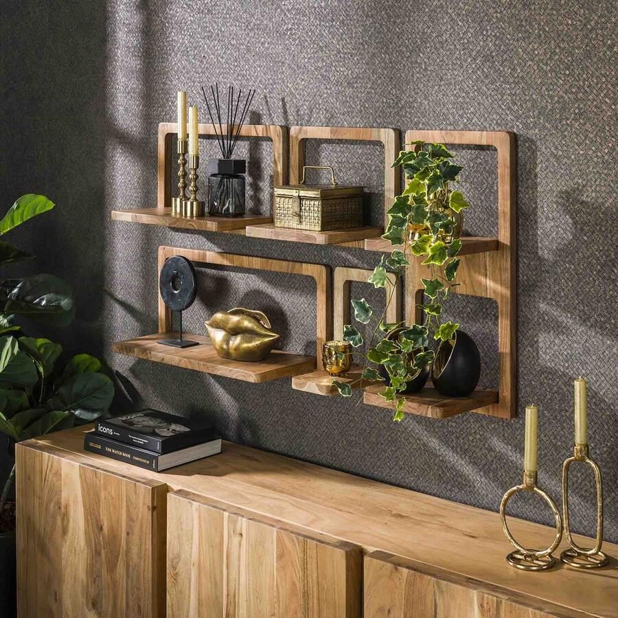 Dimehouse DH Interior Set van 5 wandplanken Mats acaciahout Hout Acacia Industrieel 30 x 23 x 65 cm - Foto 2