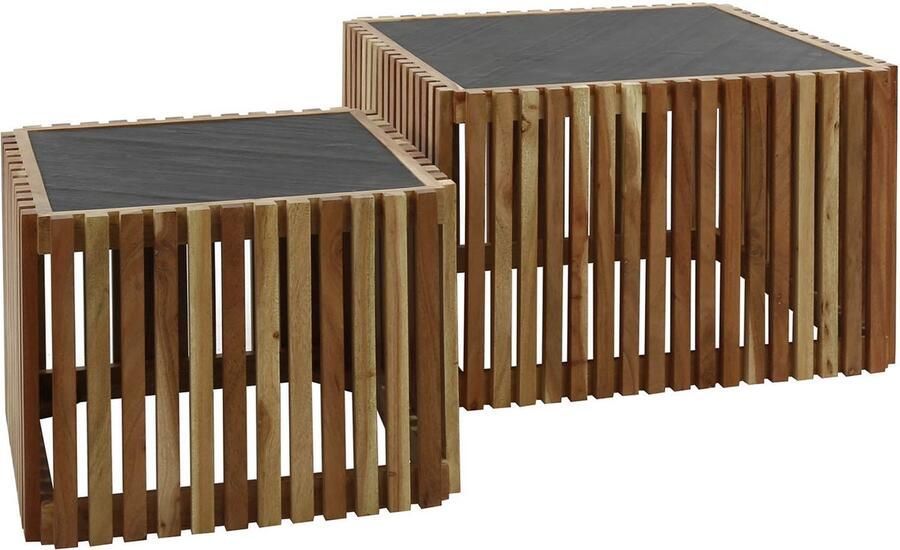 Dimehouse DH Interior Vierkante salontafel set van 2 Taylor leisteen acaciahout 58 x 58 x 40 cm Steen Industrieel Vierkant