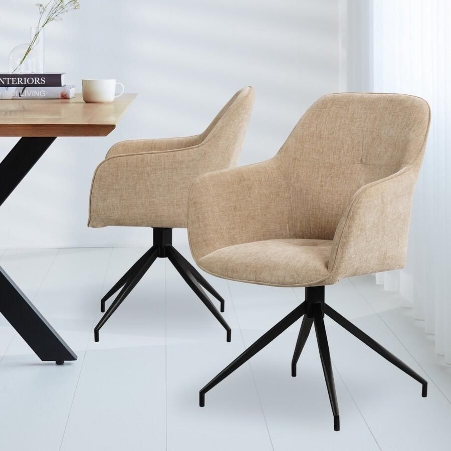 Dimehouse Draaibare eetkamerstoel Camiel chenille beige Stof Industrieel - Foto 2