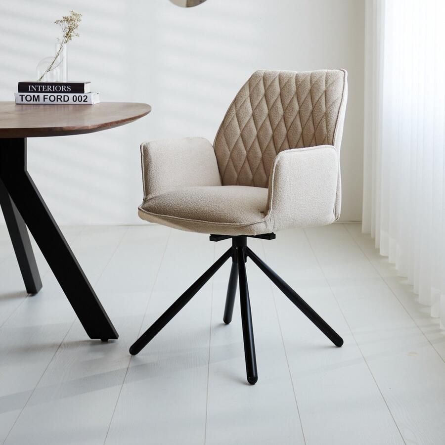 Dimehouse Draaibare Eetkamerstoel Novan Beige Bouclé – 180° Draaibaar Stof Industrieel - Foto 2