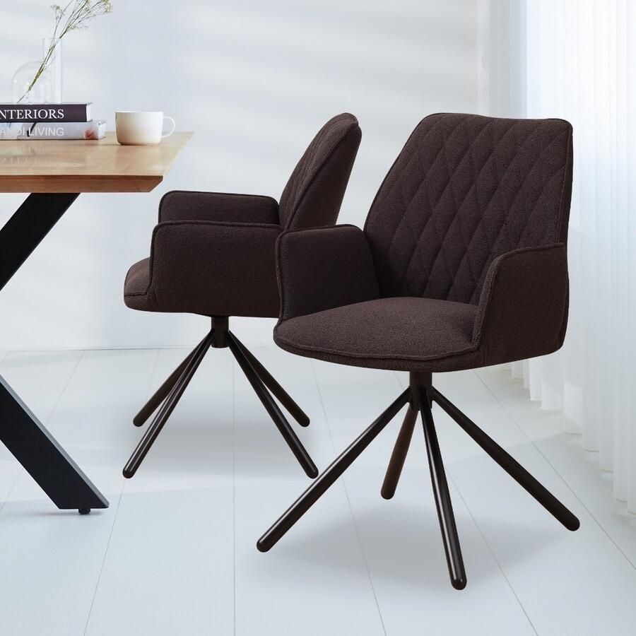 Dimehouse Draaibare Eetkamerstoel Novan Bruin Bouclé – 180° Draaibaar Stof Industrieel - Foto 2