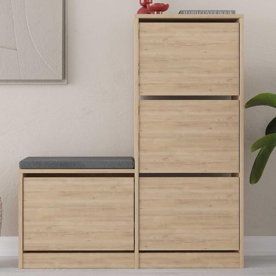 Emob Halbank met schoenenkasten Woody Fashion 105 x 26 x 118 5 cm Oak-design Zitmeubelen Bruin Melamine; Spaanplaat Zitmeubelen Op voorraad