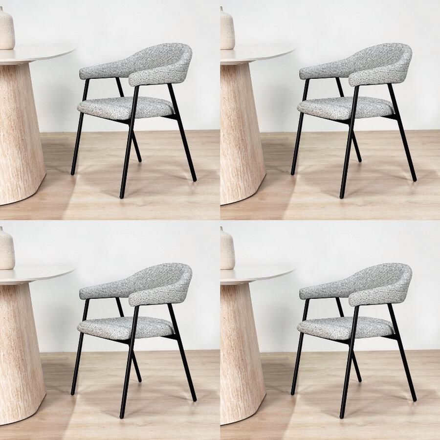 Dimehouse Eetkamerstoel Set van 4 Bouclé Grijs Lisa Zwart Frame Stof Modern