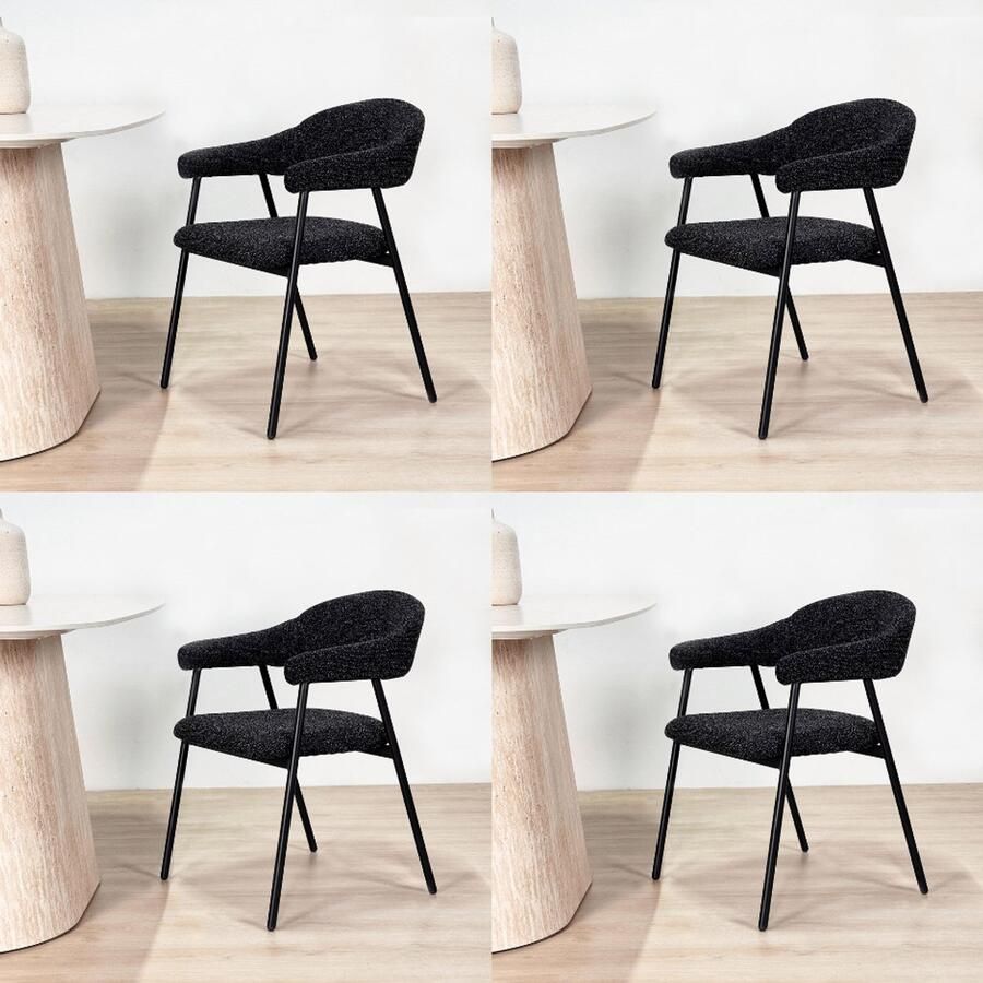Dimehouse Eetkamerstoel Set van 4 Bouclé Zwart Lisa Zwart Frame Stof Modern