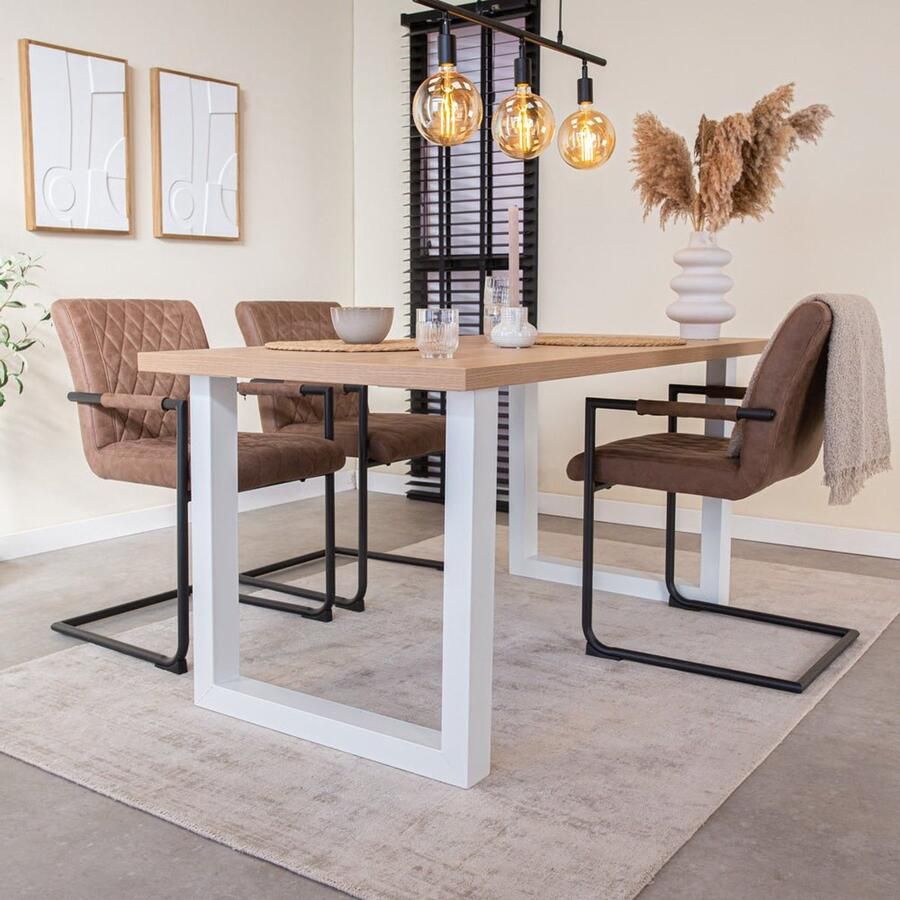 Dimehouse Eettafel Lenzo Rustiek Eiken U-poot wit 180 x 80 x 3 8 cm Hout Industrieel Rechthoek