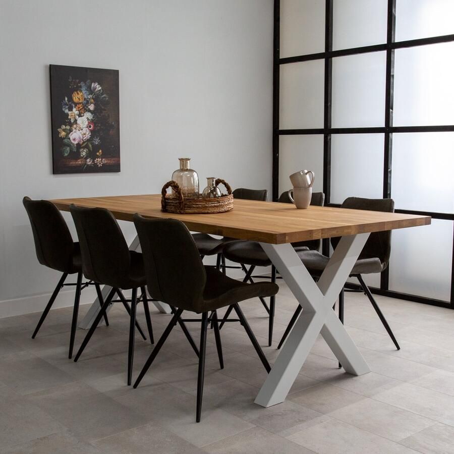 Dimehouse Eettafel Rover Eikenhout X-poot Wit 220 x 100 x 4 cm 220 x 100 x 4 cm Eikenhout Industrieel Rechthoek
