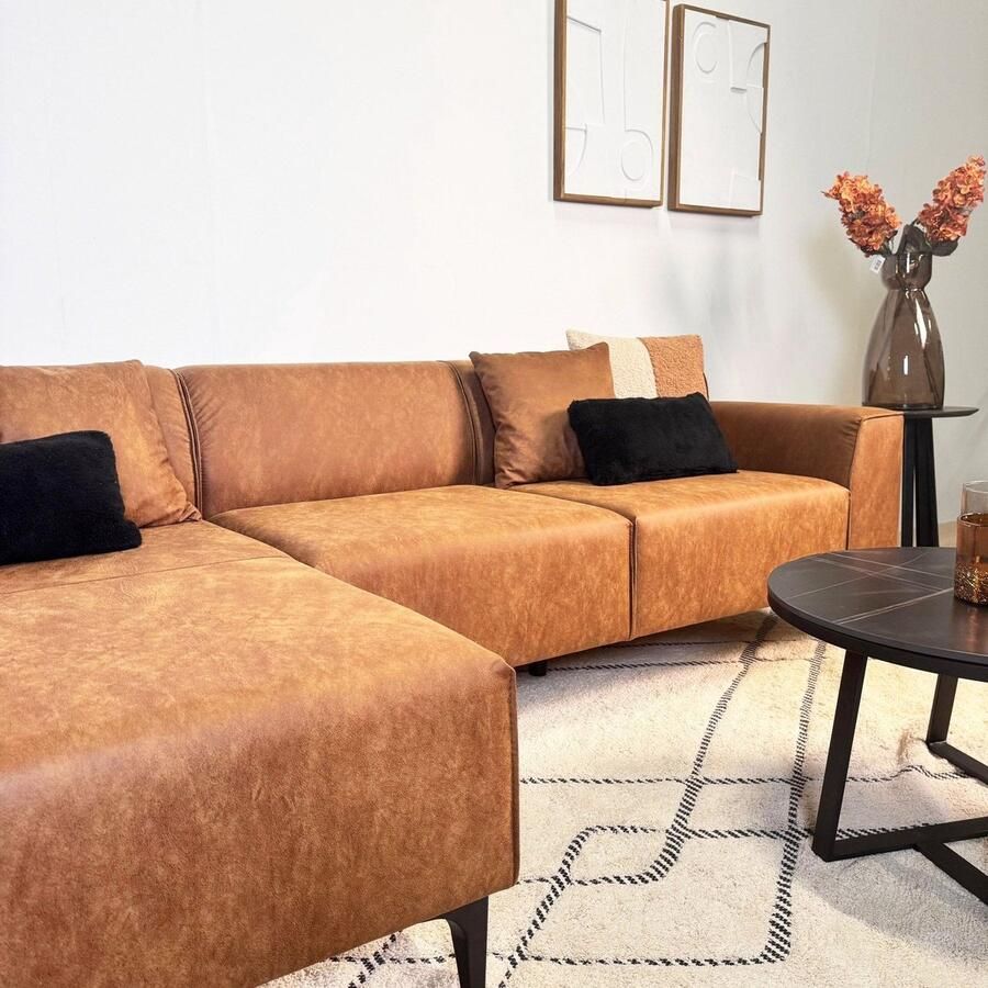 Dimehouse Hoekbank met compacte lounge cognac microvezel Davidson links