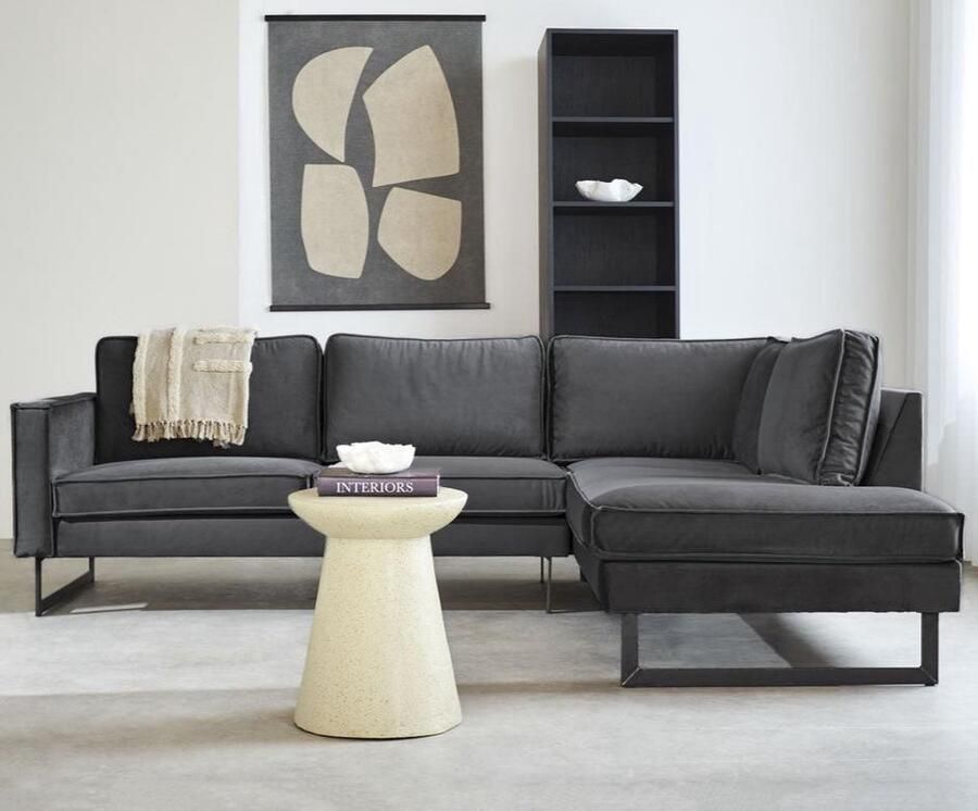 Dimehouse DeGeBe Hoekbank antraciet velvet losse kussens Quinn rechts Velvet Industrieel 247 x 195 x 84 cm