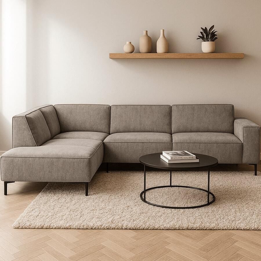 Dimehouse Lounge Hoekbank Ravi – Chenille Gemêleerd Grijs – Links Stof Scandinavisch & Basic 262 x 83 x 195 cm