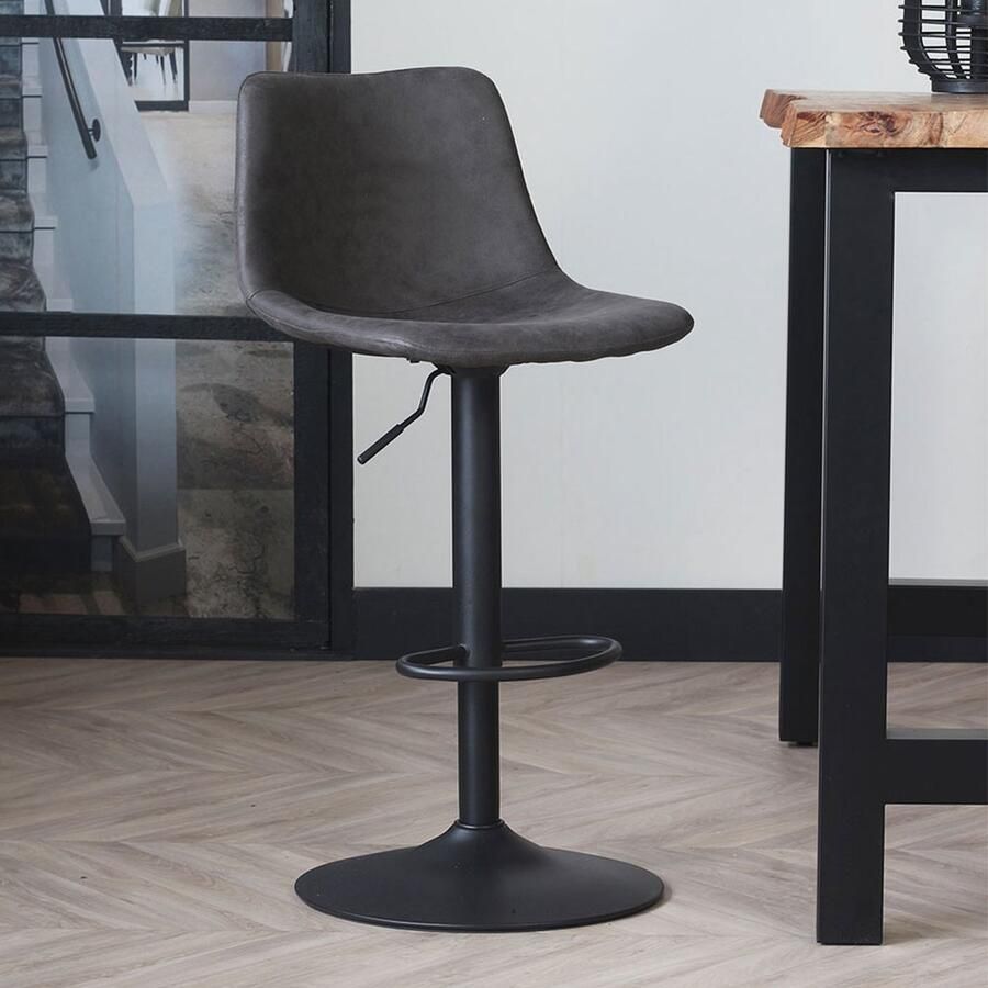 Dimehouse Industriële draaibare barkruk Boran antraciet leer