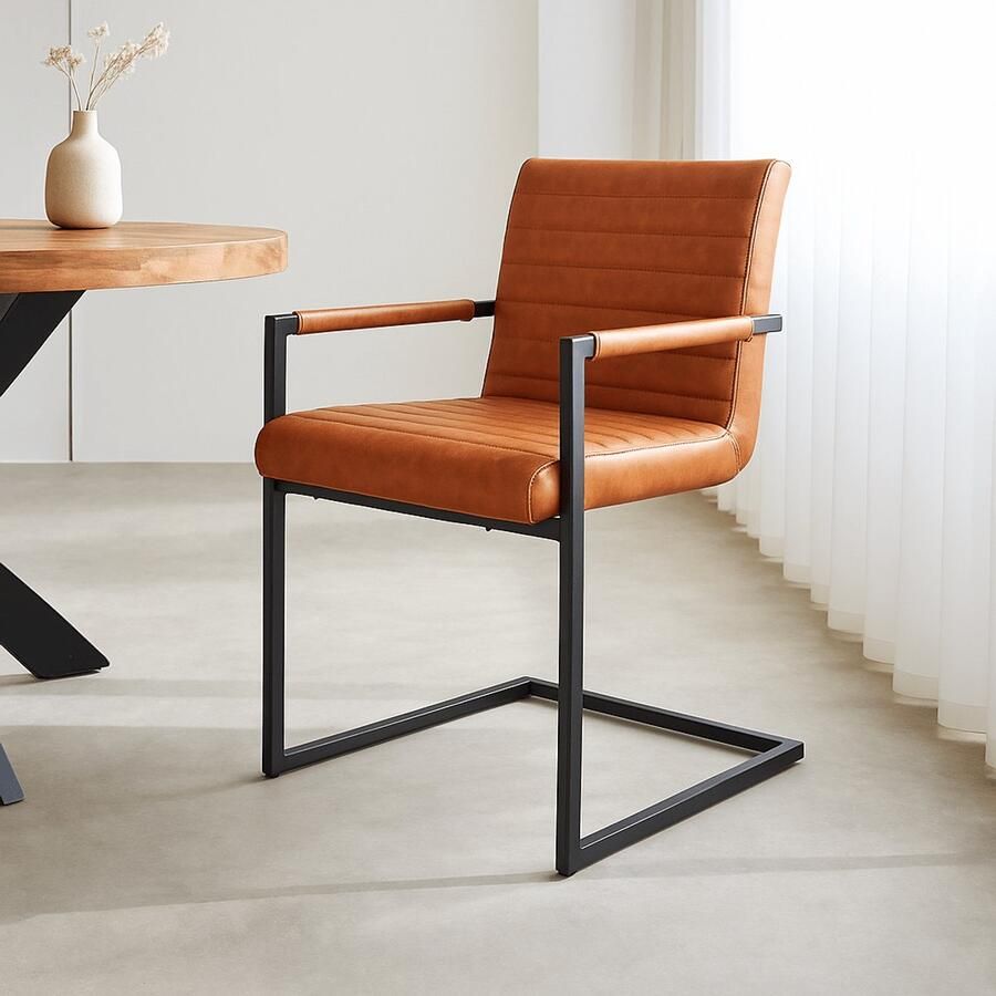 Dimehouse Industriële Eetkamerstoel Cognac Kuba Kunstleer Met Armleuningen Kunstleer Industrieel - Foto 2
